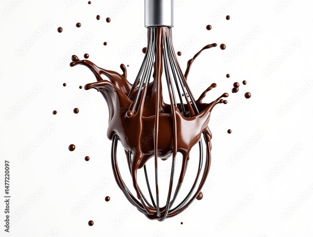 Poster a whisk with chocolate frosting dripping from it onto a white background.