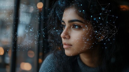 Young woman looks thoughtfully as digital nodes float around her head and face