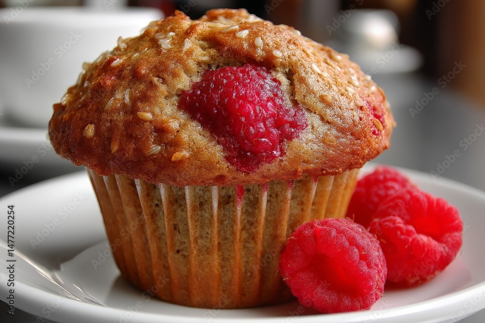 Poster raspberry muffin served on a white plate with fresh berries in a cozy cafe setting