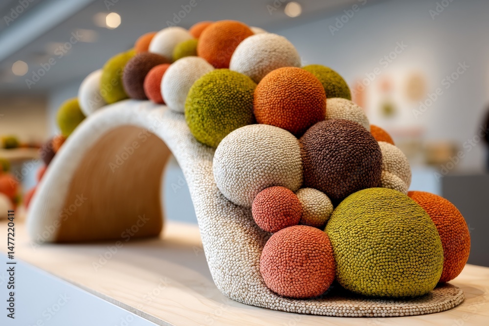 Poster unique modern art sculpture featuring colorful textured spheres displayed in a contemporary gallery 