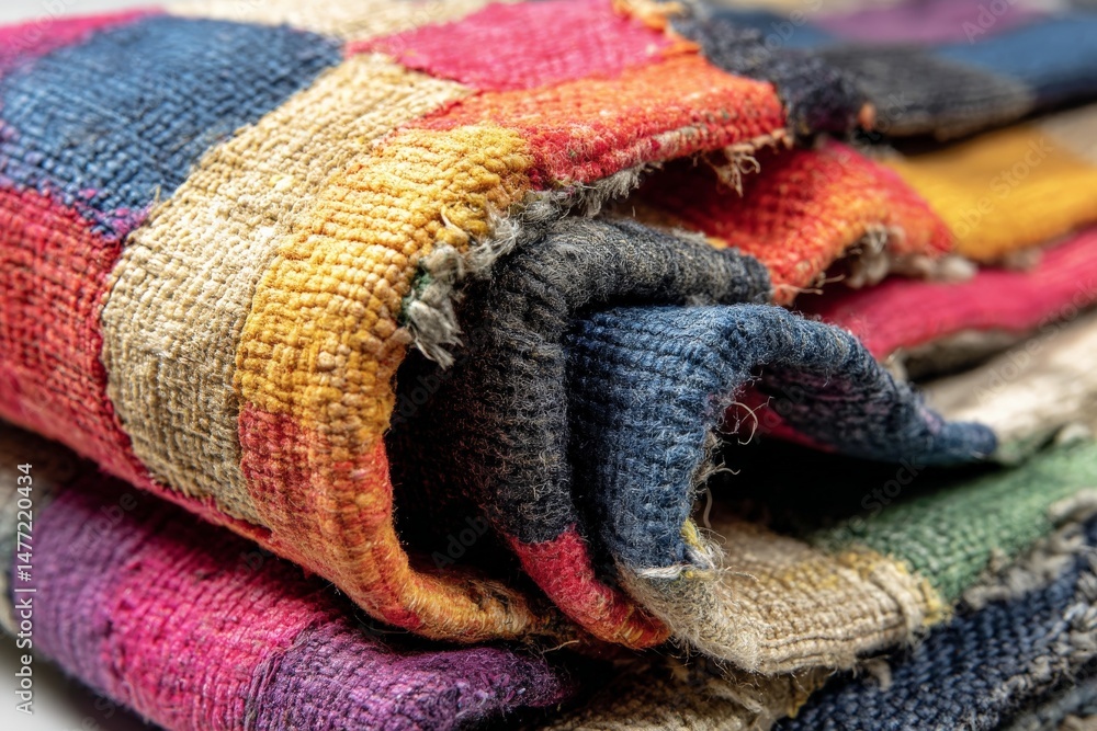 Poster colorful handwoven textiles neatly folded showcasing vibrant patterns and rich textures in a craftin