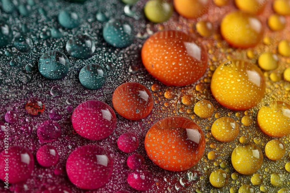 Poster Colorful water droplets on a textured surface create a mesmerizing visual effect in an artistic display