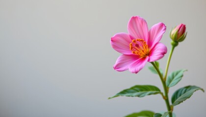 Fototapeta premium a single pink flower with a yellow center stands out against a blurred background in a photograph that focuses solely on the floral subject.