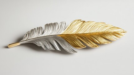 Sharp focus on the tip of a gold and silver feather brooch placed against plain white
