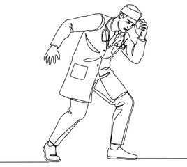 Fototapeta premium A doctor wearing a lab coat and stethoscope looks troubled with feeling head pain, line art drawing style. vector illustration