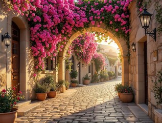 Naklejka premium A stone archway with hanging pink flowers, leading to a street lined with buildings and plants.