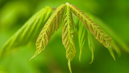 Fresh green springtime foliage and young leaves unfurling against a soft green backdrop