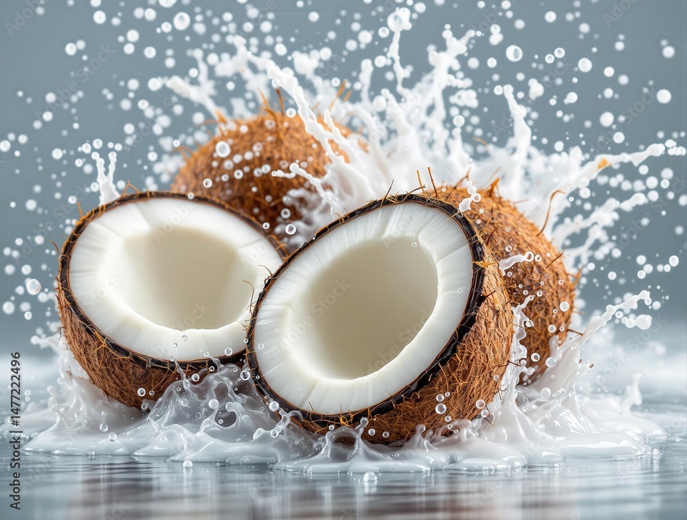 Poster two coconuts with their shells removed, surrounded by white froth, indicating they have been cracked