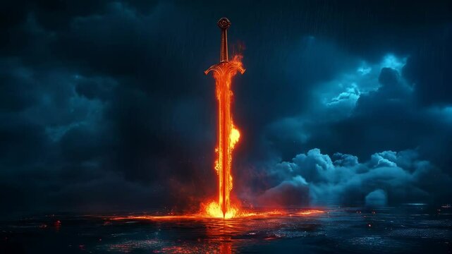 Flaming sword emerging from lava against stormy sky. Biblical symbol of divine judgment. Dramatic illustration for Armageddon, Revelation, Day of Judgment.