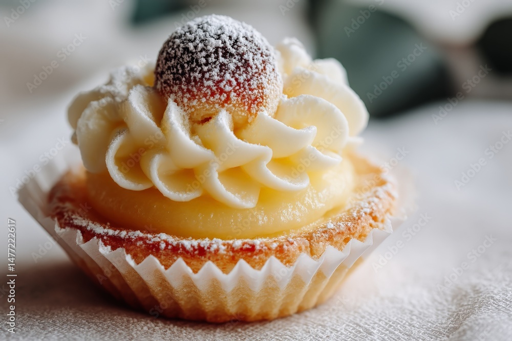 Poster delicious lemon tart topped with creamy frosting and a sweet fruit garnish on a light textured backg