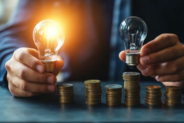 Hands holding light bulbs over stacks of coins