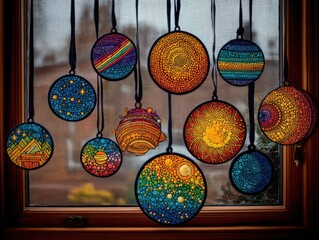 Obraz premium Colorful window ornaments hanging on a screen with intricate designs and black ribbons in a cozy home setting