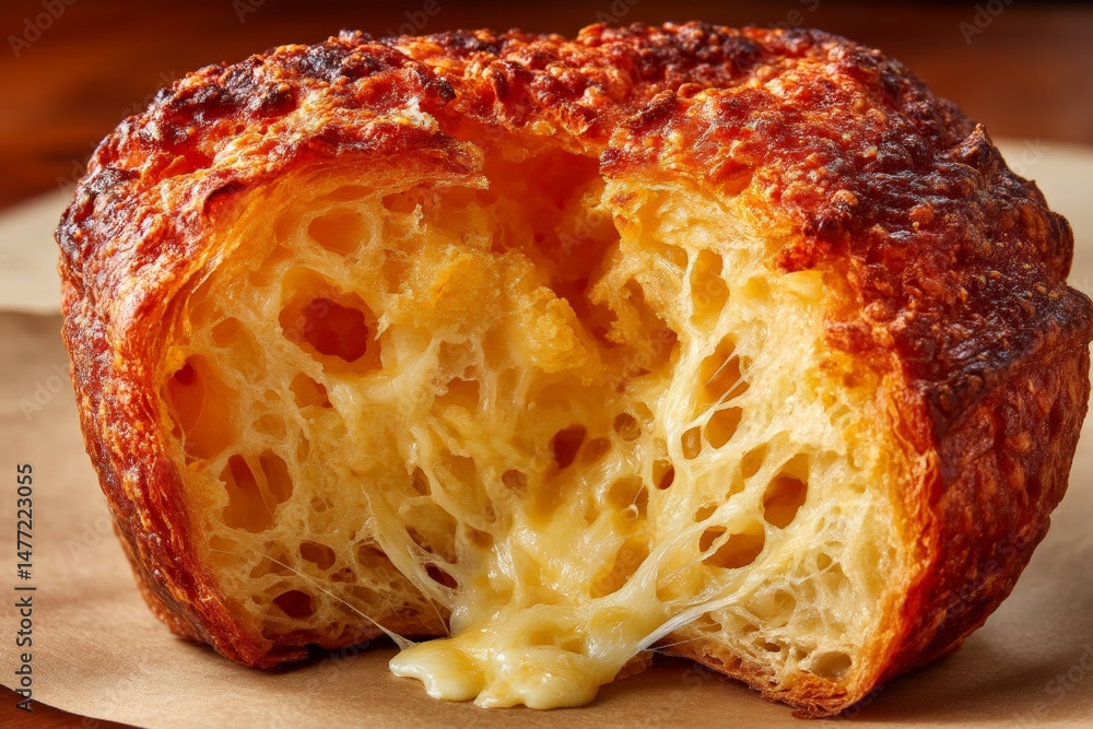 Poster flaky pastry bursting with melted cheese on display at a bakery before lunchtime