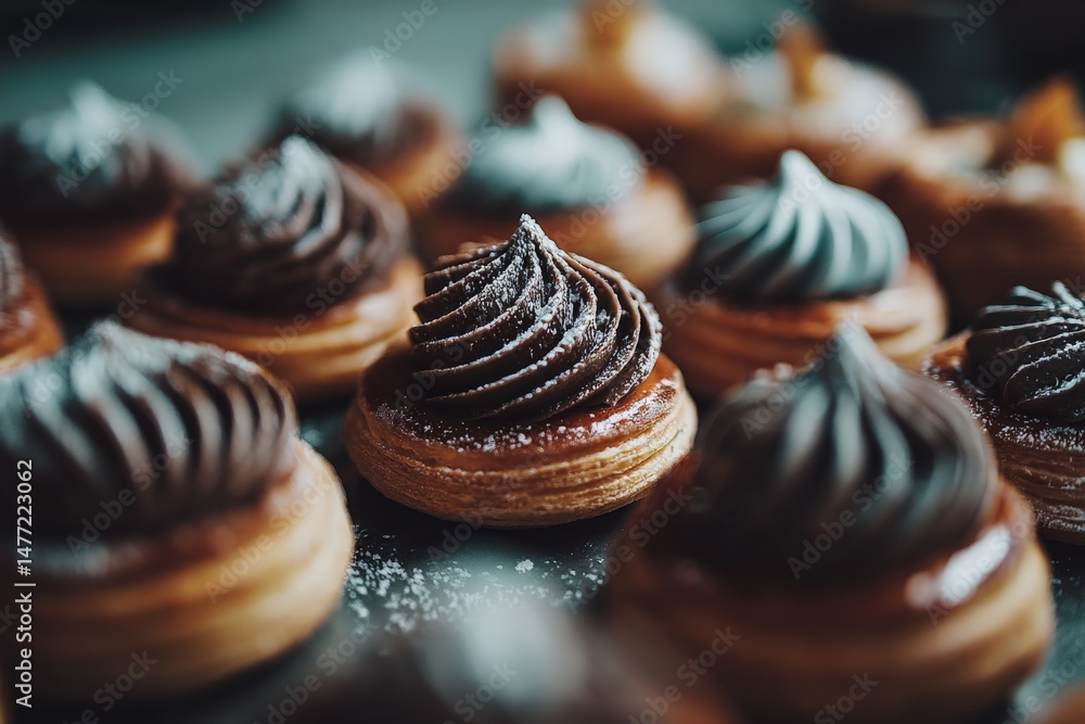 Poster delicious chocolate pastries arranged beautifully on a display in a bakery setting