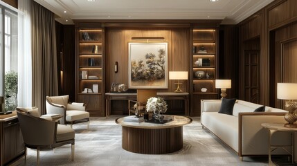 A modern luxurious living room interior design with wooden paneling