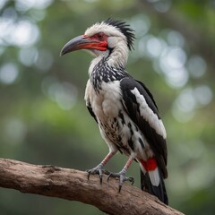 Obraz premium Red-billed Hornbill bird on piece of wood