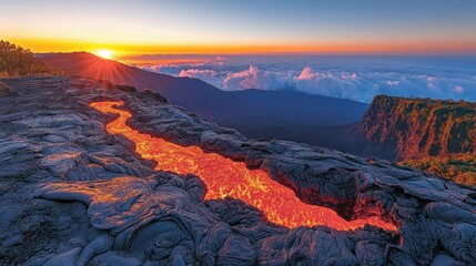 Obraz premium Molten lava flow at sunrise, volcanic landscape