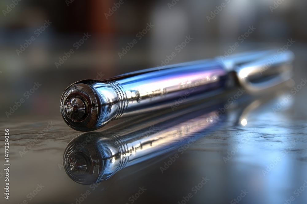 Poster close-up of a pen reflecting on a glass surface during afternoon light creating an atmosphere of cre