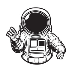A monochrome vector illustration of an astronaut waving. Conveying a retro-futuristic feel.