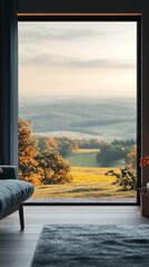 Fototapeta premium Panoramic view of autumnal countryside from a modern living room