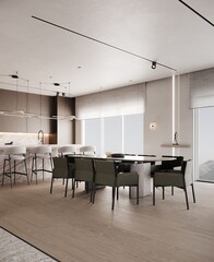 Modern contemporary living room with kitchen and dining room. Luxurious apartment background with contemporary design. Modern interior design with sofa and TV wall. 3D render, 3D illustration.