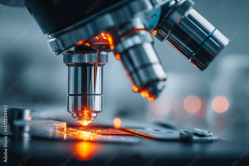 Leinwandbilder microscope focuses on specimen slide in laboratory setting during evening research hours