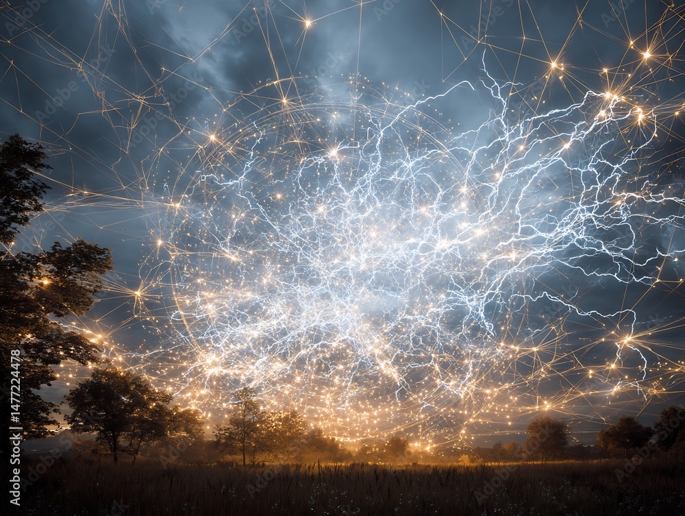 Poster abstract network of lightning and nodes intersecting above a rural landscape