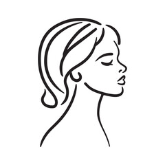 Elegant woman profile, minimalist line art, black and white, simple, beauty, fashion, female, portrait, vector illustration, side view.
