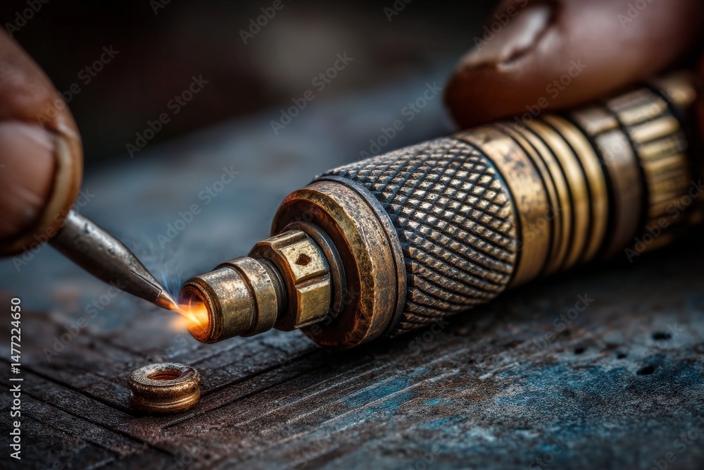 Poster craftsman creates intricate metalwork in workshop during golden hour with focus on precision and det