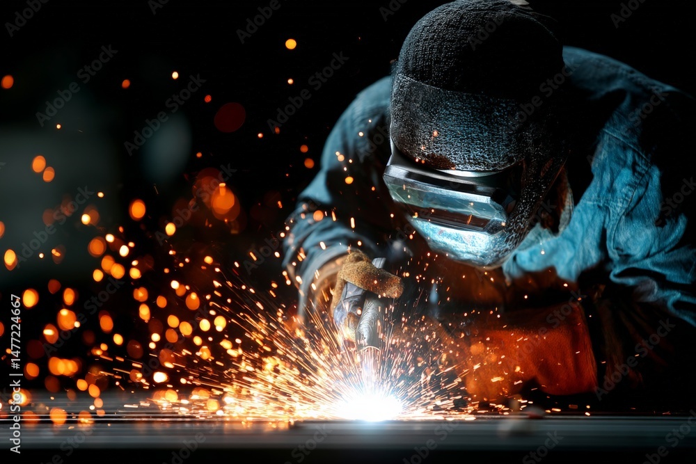 Poster skilled welder creates sparks while working on metal fabrication during nighttime in a workshop