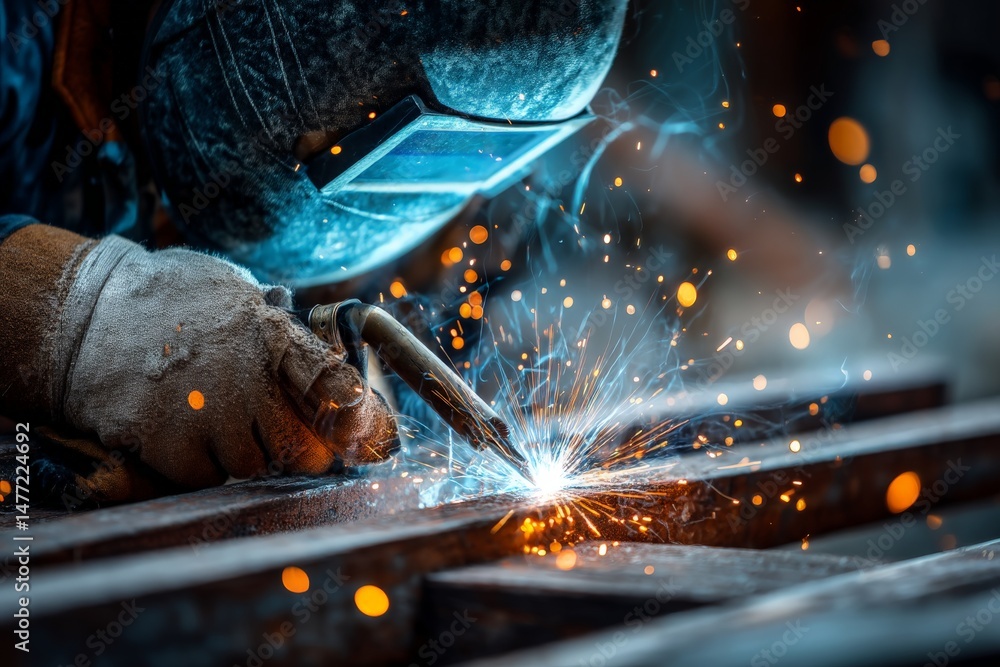 Aufkleber welder working on metal fabrication with focused intensity in a workshop during evening hours