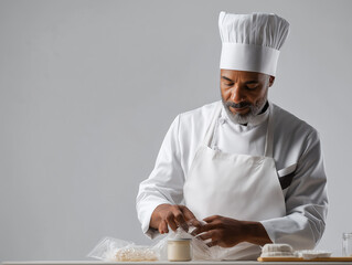 Professional Chef in White Uniform Focused on Creative Cooking and Culinary Art in Restaurant Kitchen