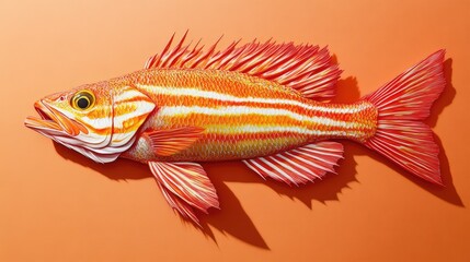 Fototapeta premium Studio image of clean, detailed striped fish aligned horizontally on orange