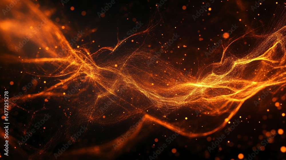 Poster abstract orange energy wave with glowing particles on black background.