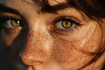 Fototapeta premium Close-up of a person with striking green eyes and freckles during golden hour light