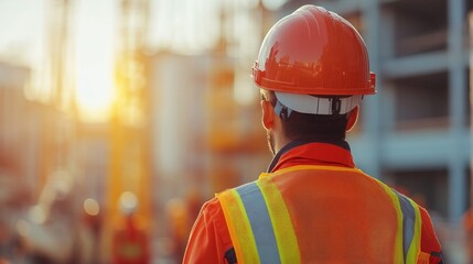Construction worker in orange gear gazes at sunset on site. Sun's warm glow sets serene tone, two others and blurred objects in background add context.