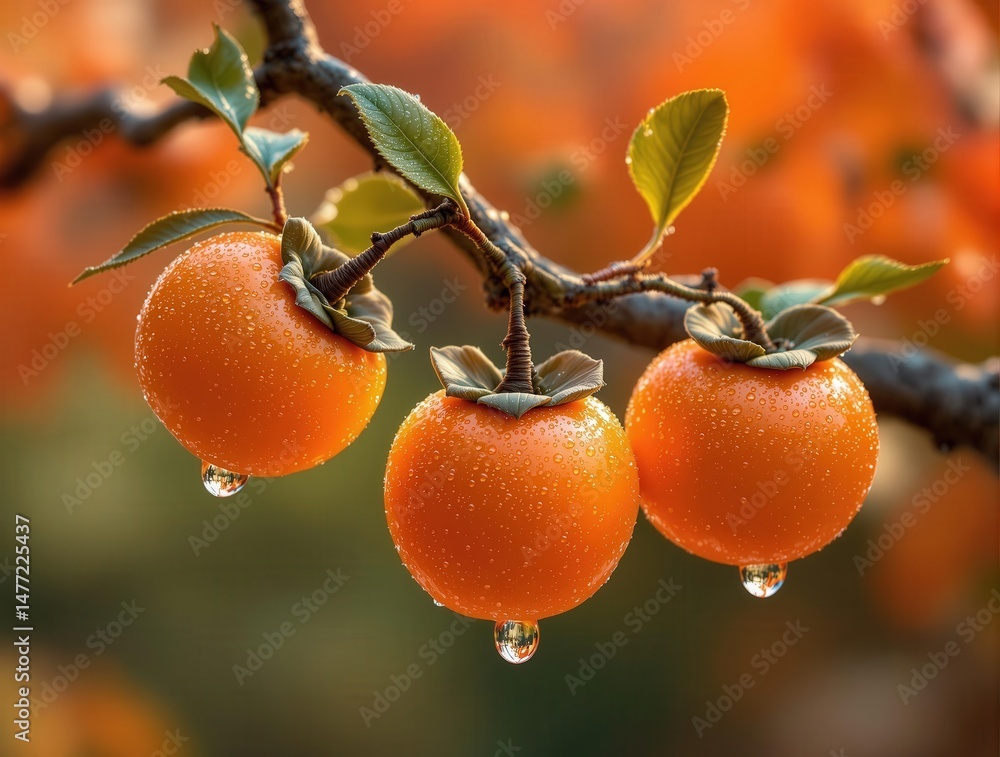 Aufkleber Three oranges hanging from a tree branch, each with a drop of water on them.