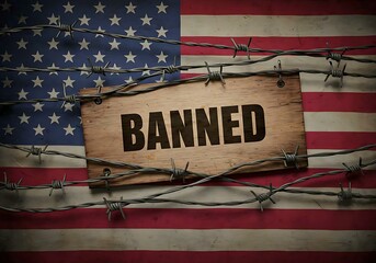 Banned in USA Wooden Sign with Barbed Wire
