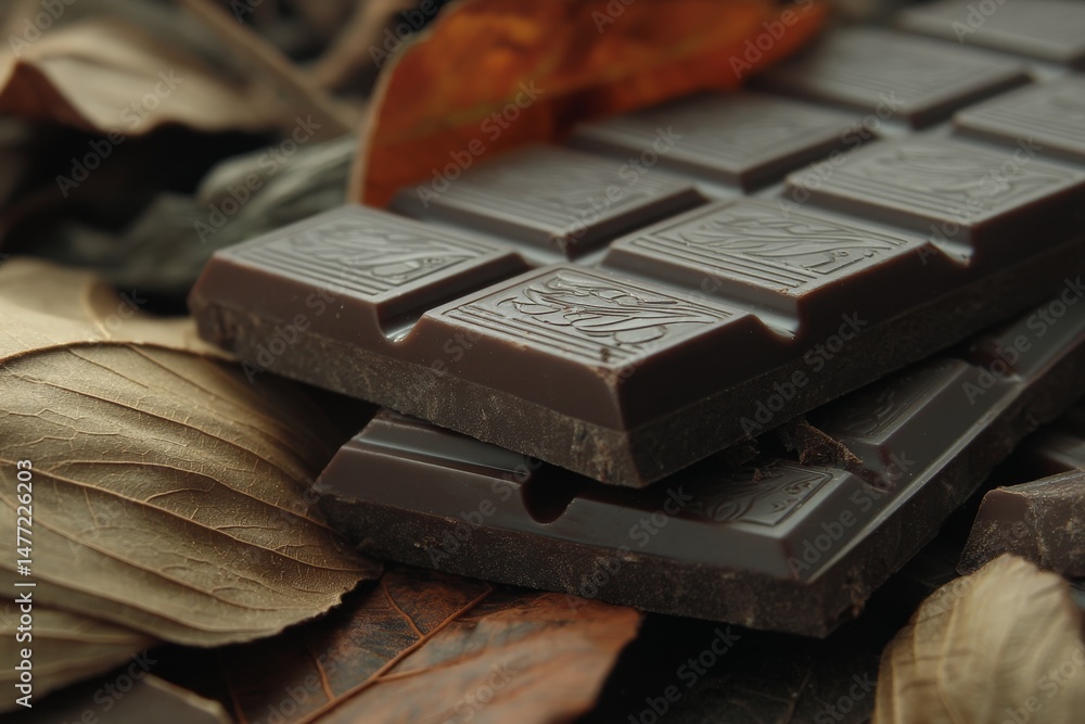 Poster dark chocolate bars surrounded by autumn leaves on a rustic wooden surface in a cozy setting