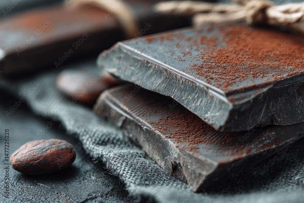 Poster Dark chocolate squares arranged on a textured surface with cocoa powder and cocoa beans nearby