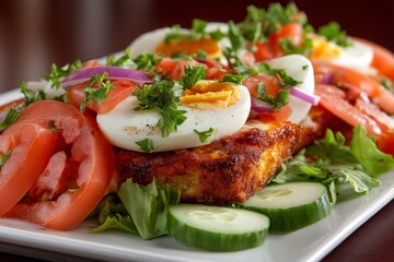 Deliciously plated egg and vegetable salad served on a bed of greens with fresh tomatoes and cucumbers