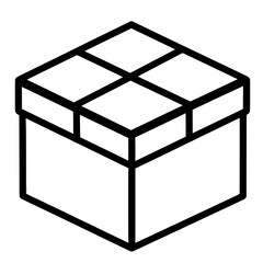 Isometric cube gift box icon in black and white with lid and divisions representing package or present