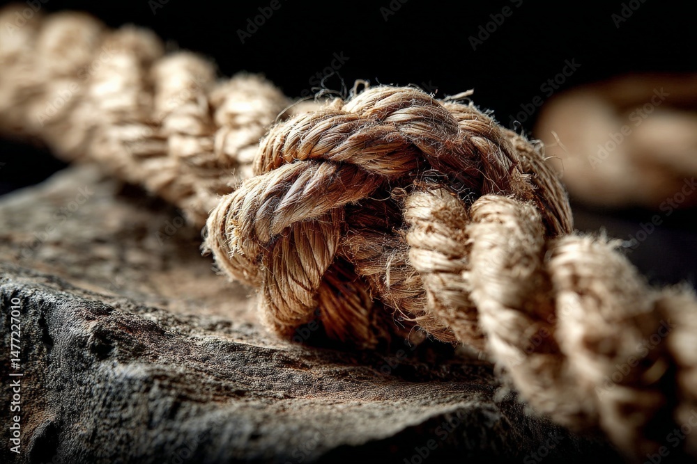 Poster Knot tied with natural rope on a rustic wooden surface focusing on craftsmanship and texture in a close-up view