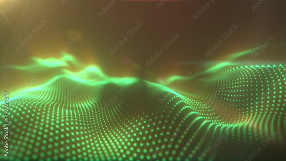 Poster green abstract wave structure with glowing digital points, representing futuristic data flow or sign
