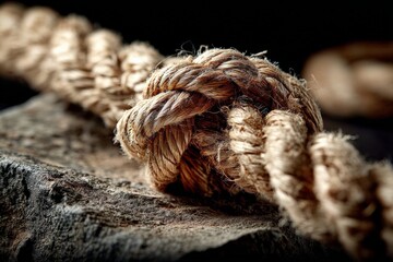 Knot tied with natural rope on a rustic wooden surface focusing on craftsmanship and texture in a close-up view