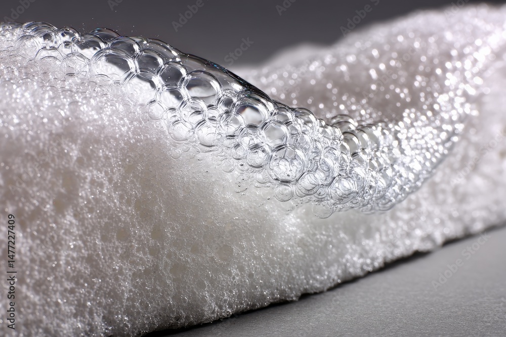Poster Close-up view of soap bubbles on a soft surface showcasing sparkling details under bright light