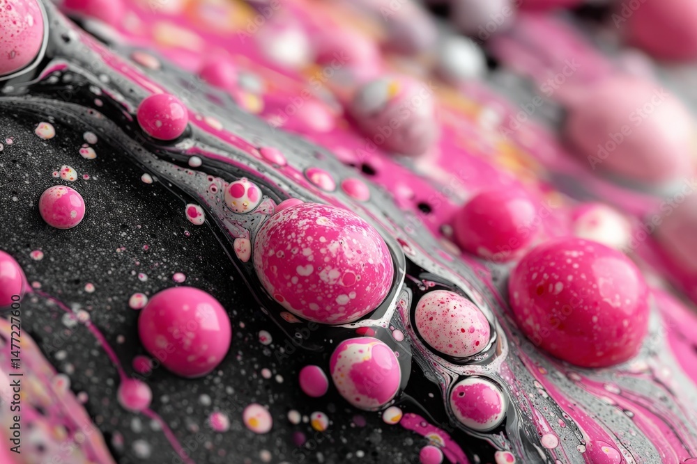 Poster colorful abstract art with pink bubbles on dark background showcasing creativity and texture