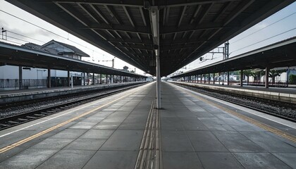 Empty train station platform with railway tracks and overhead shelter.  Perspective view emphasizing lines and symmetry.