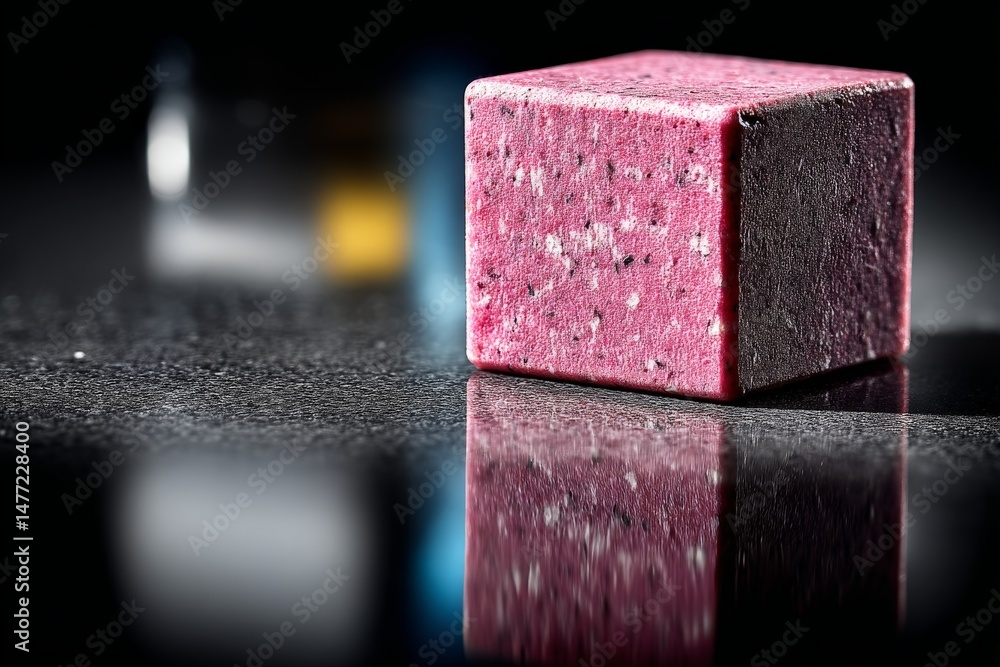 Aufkleber Unique purple block of material reflecting on a dark surface with blurred background elements in a well-lit setting