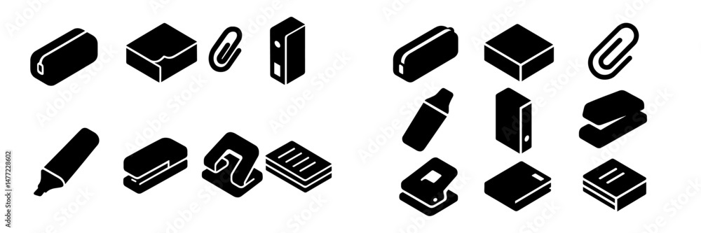 Poster set of black and white web icons depicting various office supplies and tools for digital design